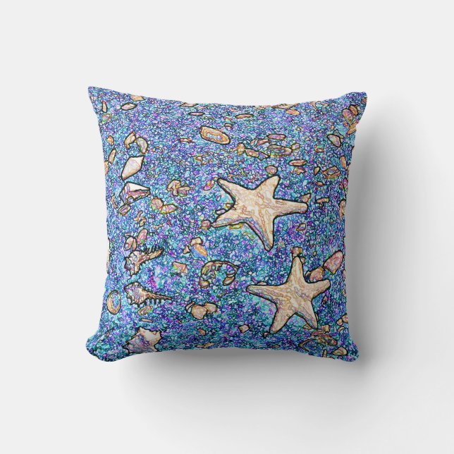 Abstrakte Seashells auf blauem Sand-Kissen Kissen (Vorderseite)