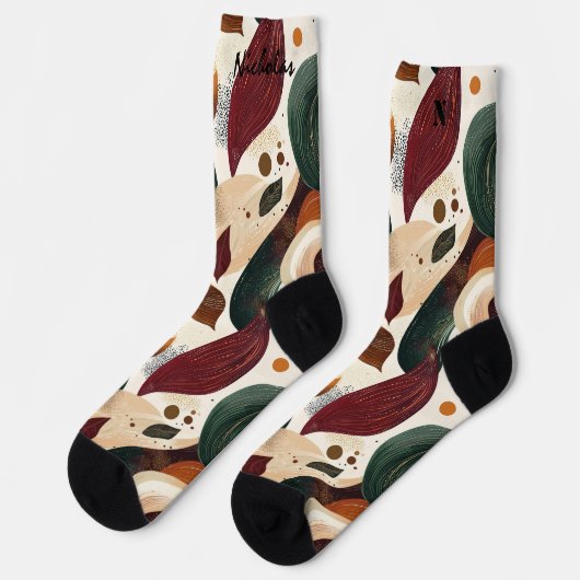 Abstrakte Socken im Herbst in Rost, Grün und Creme (Linkes Detail)