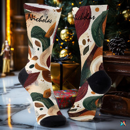 Abstrakte Socken im Herbst in Rost, Grün und Creme