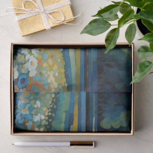 Abstrakte Sonnenaufgang-Wildblumen in blau, weiß, Seidenpapier (Geschenk)