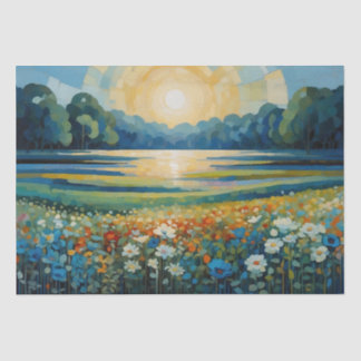 Abstrakte Sonnenaufgang-Wildblumen in blau, weiß, Seidenpapier