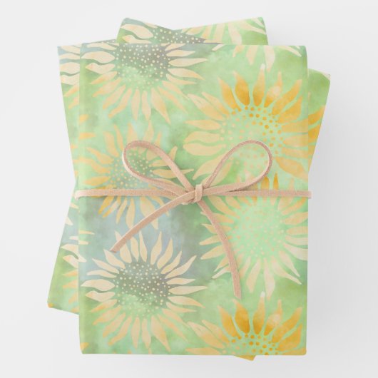 Abstrakte Sonnenblumen auf hellgrüner Decoupage Ti Geschenkpapier Set (Beispiel)