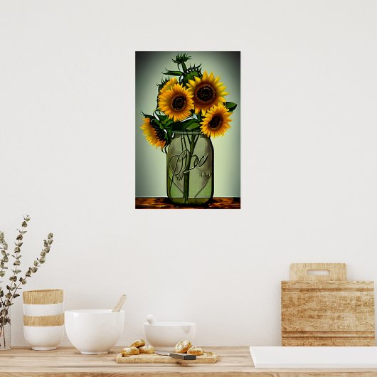 Abstrakte Sonnenblumen in Glasvase Poster (Küche)