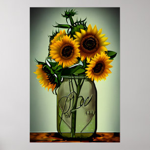 Abstrakte Sonnenblumen in Glasvase Poster