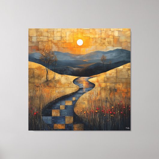 Abstrakte Sonnenuntergangslandschaft mit Fluss und Leinwanddruck (Vorderseite)