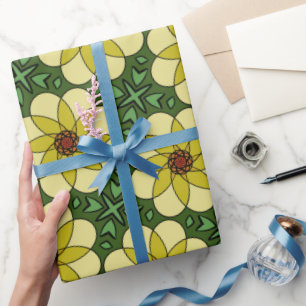 Abstrakte, sonnige gelbe Gänseblümchen und grüne B Geschenkpapier
