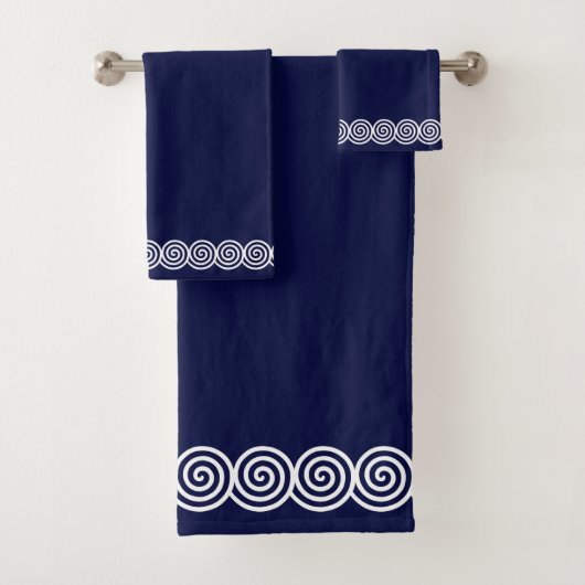 Abstrakte Spiralkreise auf Navy Blue Badhandtuch Set (Insitu)