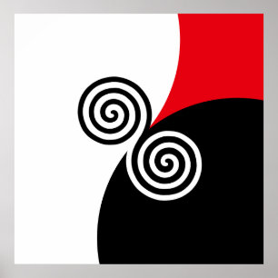 Abstrakte Spiralkreise auf Schwarz, Rot und Weiß Poster