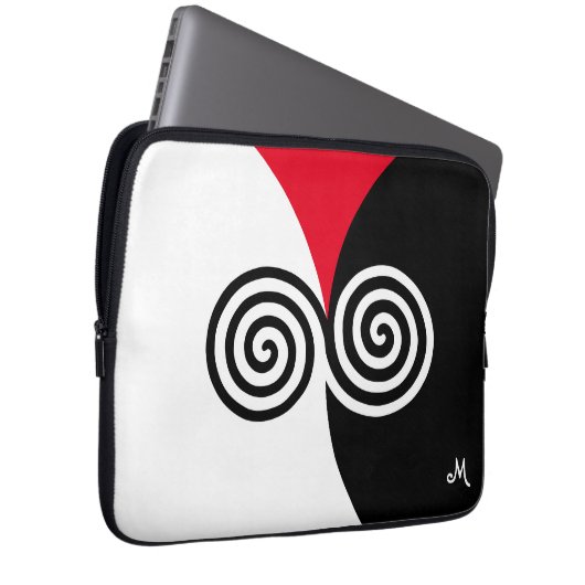 Abstrakte Spiralkreise auf schwarz-weiß Laptopschutzhülle (Vorne Rechts)