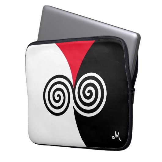Abstrakte Spiralkreise auf schwarz-weiß Laptopschutzhülle (Vorderseite Links)
