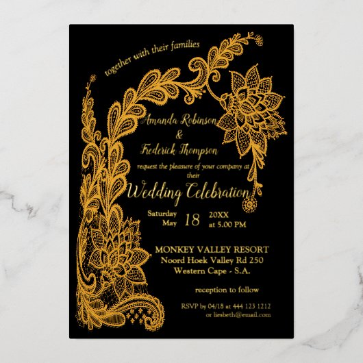 Abstrakte Spitze in Schwarz Folieneinladung (Vorderseite)