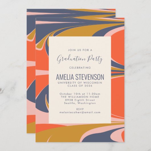Abstrakte Swirl Retro Farbige Mod Graduierungspart Einladung (Vorne/Hinten)
