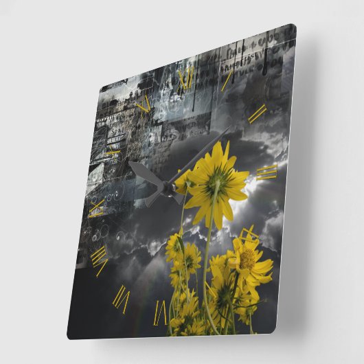Abstrakte Symbole und gelbe Blumen Quadratische Wanduhr (Winkel)
