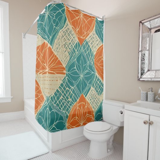 Abstrakte Teal-, Orange- und Beige-Blumen Duschvorhang (Beispiel)