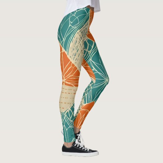Abstrakte Teal-, Orange- und Beige-Blumen Leggings (Rechts)