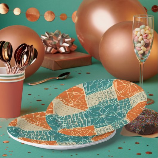 Abstrakte Teal-, Orange- und Beige-Blumen Pappteller (Multi)