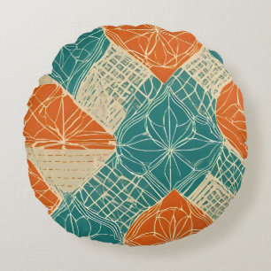 Abstrakte Teal-, Orange- und Beigefarbene Blumen Rundes Kissen