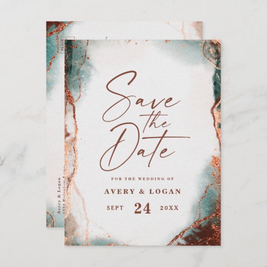 Abstrakte Terra Cotta Hochzeit im Herbst Save the Ankündigungspostkarte (Vorne/Hinten)