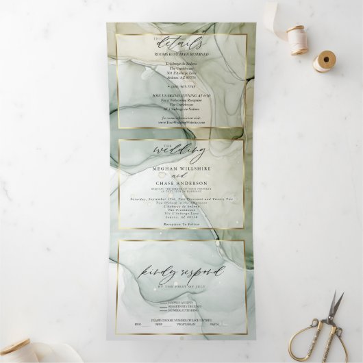 Abstrakte Tinte aus erdigen Grüntönen und Golden, Dreifach Gefaltete Einladung (Innenseite)