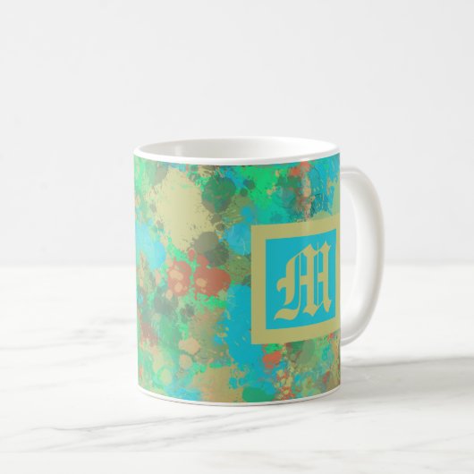 Abstrakte Tropfen in Monogramm, grün, gelb und bla Kaffeetasse (VorderseiteRechts)
