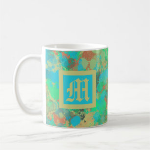 Abstrakte Tropfen in Monogramm, grün, gelb und bla Kaffeetasse
