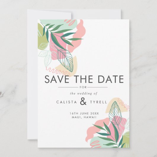Abstrakte tropische Blätter Hochzeit Save The Date (Vorderseite)