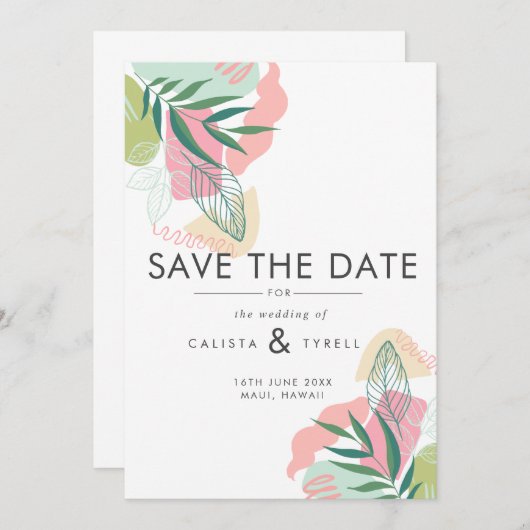 Abstrakte tropische Blätter Hochzeit Save The Date (Vorne/Hinten)