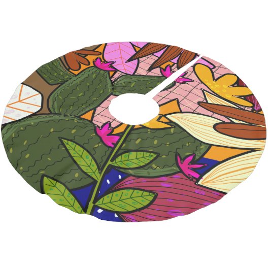 Abstrakte tropische Blätter und Blume Polyester Weihnachtsbaumdecke (Schrägansicht)