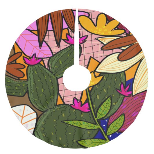 Abstrakte tropische Blätter und Blume Polyester Weihnachtsbaumdecke (Vorderseite)