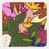 Abstrakte tropische Blätter und Blume Quadratischer Aufkleber (Vorderseite)
