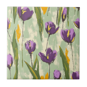 Abstrakte Tulip Blüten auf grünem Hintergrund Fliese