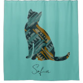 Abstrakte Türkis- und Goldkatze Duschvorhang (Vorderseite)