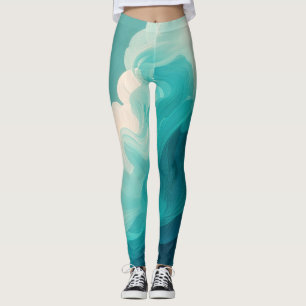 Abstrakte Türkis- und Weiße Fließende Wellen Leggings