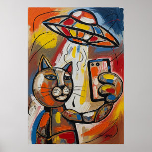Abstrakte UFO-Katze Farbige Kubistische Katze Poster