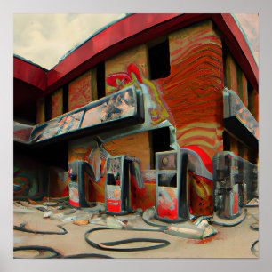 Abstrakte verlassene Tankstelle AI-Kunst Poster