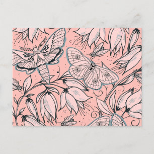 Abstrakte Vintage-Rosa Blumen und Käfer Postkarte