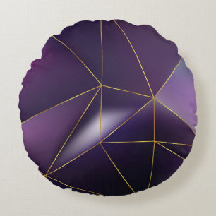 Abstrakte violette Geometrie mit goldenen Linien Rundes Kissen