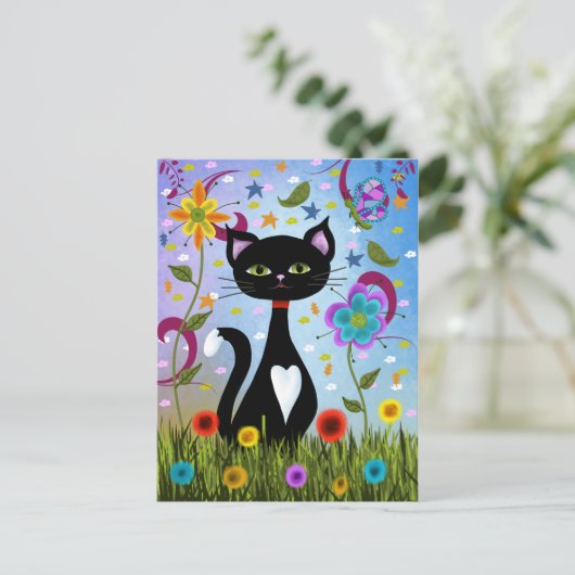Abstrakte Volkskunst: bezaubernde Schwarz-Weiß-Kat Postkarte (Stehend Vorderseite)