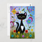 Abstrakte Volkskunst: bezaubernde Schwarz-Weiß-Kat Postkarte (Vorne/Hinten)