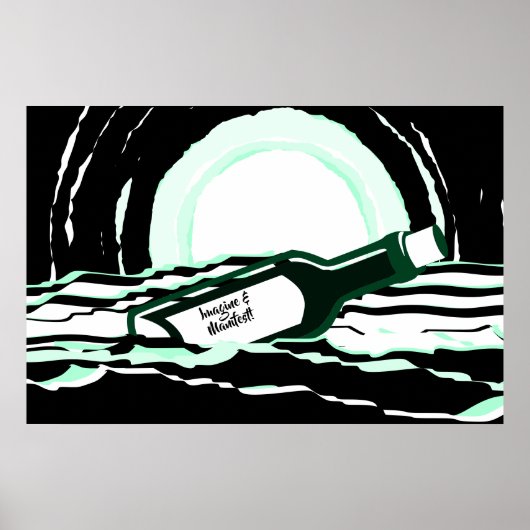 Abstrakte Vollmond-Ozeanmeldung in einer Flasche Poster (Vorne)