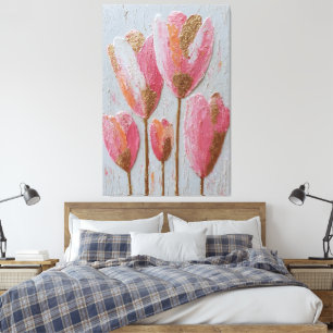 Abstrakte Wandkunst mit rosa und goldener Tulpenst Leinwanddruck