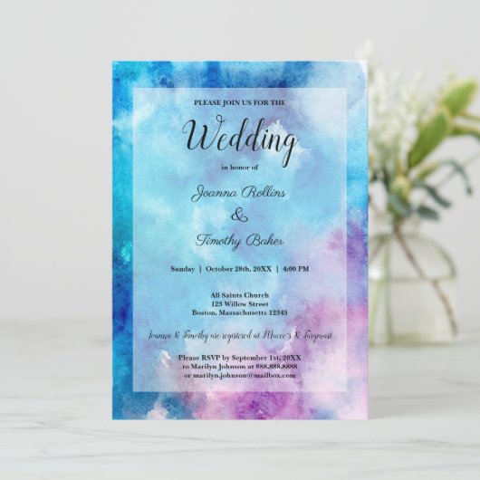 Abstrakte Wasserfarbe Blau Lila Hochzeit Einladung (Stehend Vorderseite)