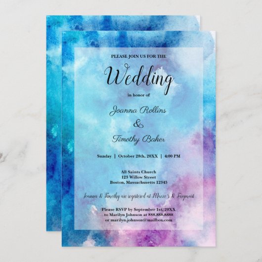 Abstrakte Wasserfarbe Blau Lila Hochzeit Einladung (Vorne/Hinten)