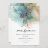 Abstrakte Wasserfarbe Pfirsich & Grüne Hochzeit Einladung (Vorne/Hinten)