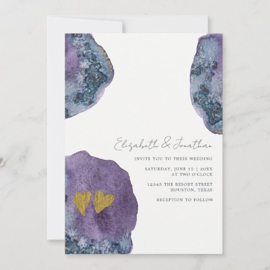 Abstrakte Wasserfarben Art Gold Navy Lila Hochzeit Einladung (Vorderseite)