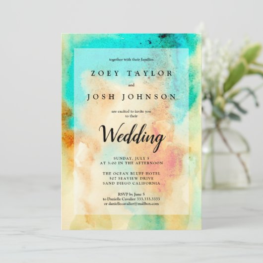 Abstrakte Wasserfarben Hochzeitseinladung Aquamari Einladung (Stehend Vorderseite)