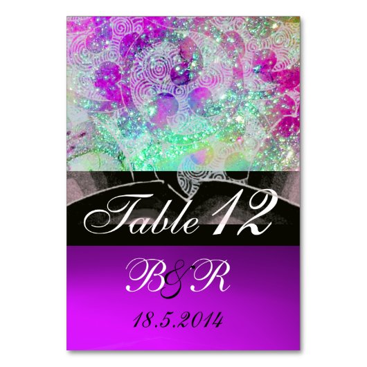 ABSTRAKTE WAVES Blau, Lila rosa Hochzeitsmonogramm Tischnummer (Vorderseite)