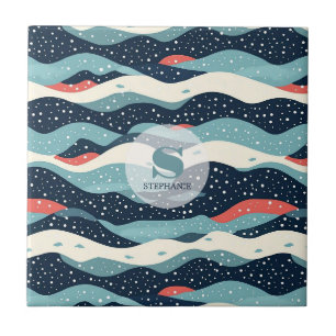 Abstrakte Wavy-Linien mit Schneeflockenpunkten Fliese
