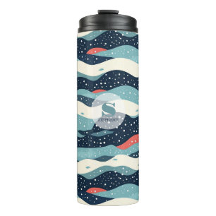Abstrakte Wavy-Linien mit Schneeflockenpunkten Thermosbecher
