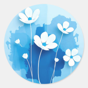 Abstrakte weiße Blume hellblauer Hintergrund Runder Aufkleber